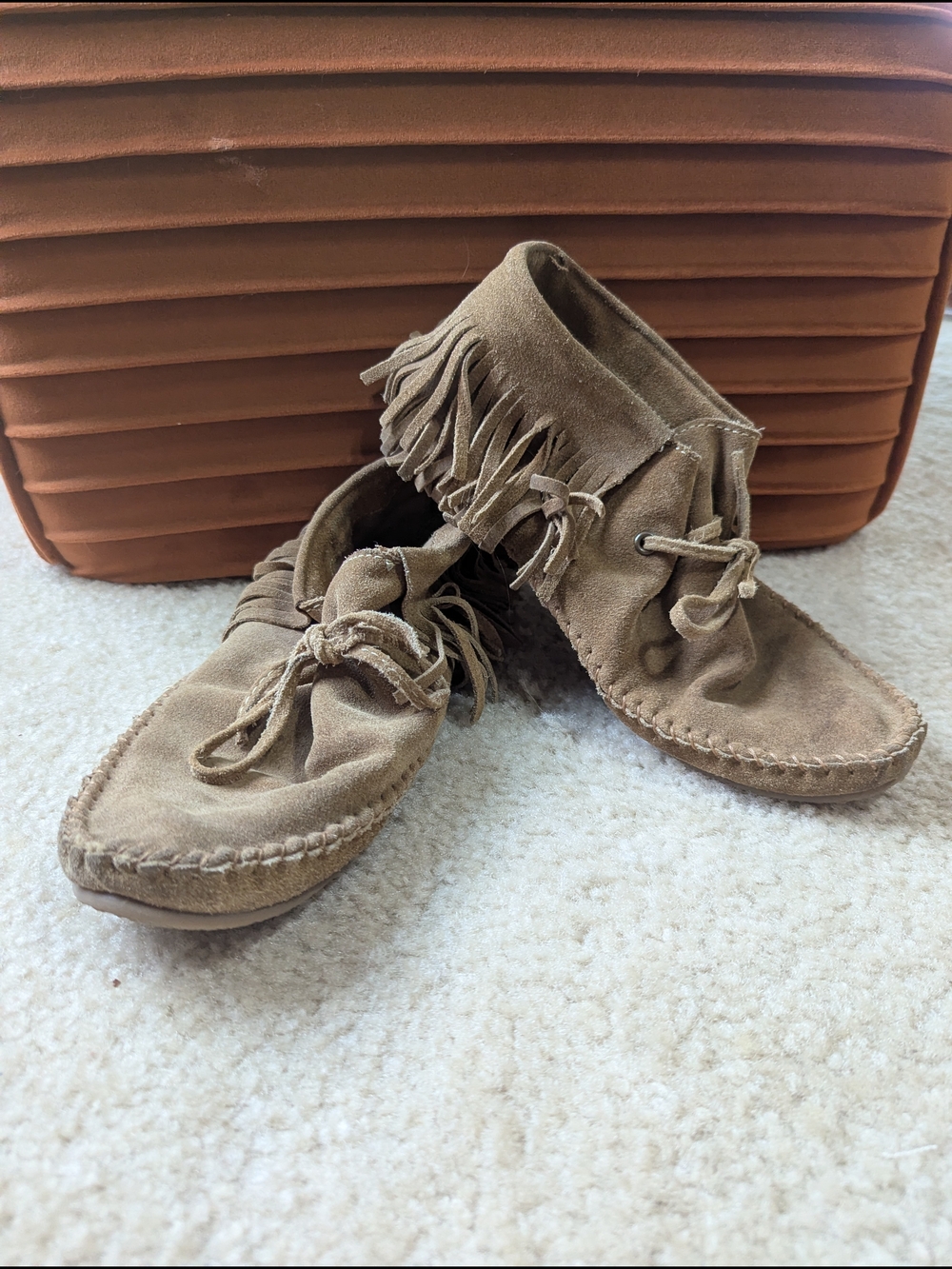 Suede Fringe Moccasin Boots - Tan